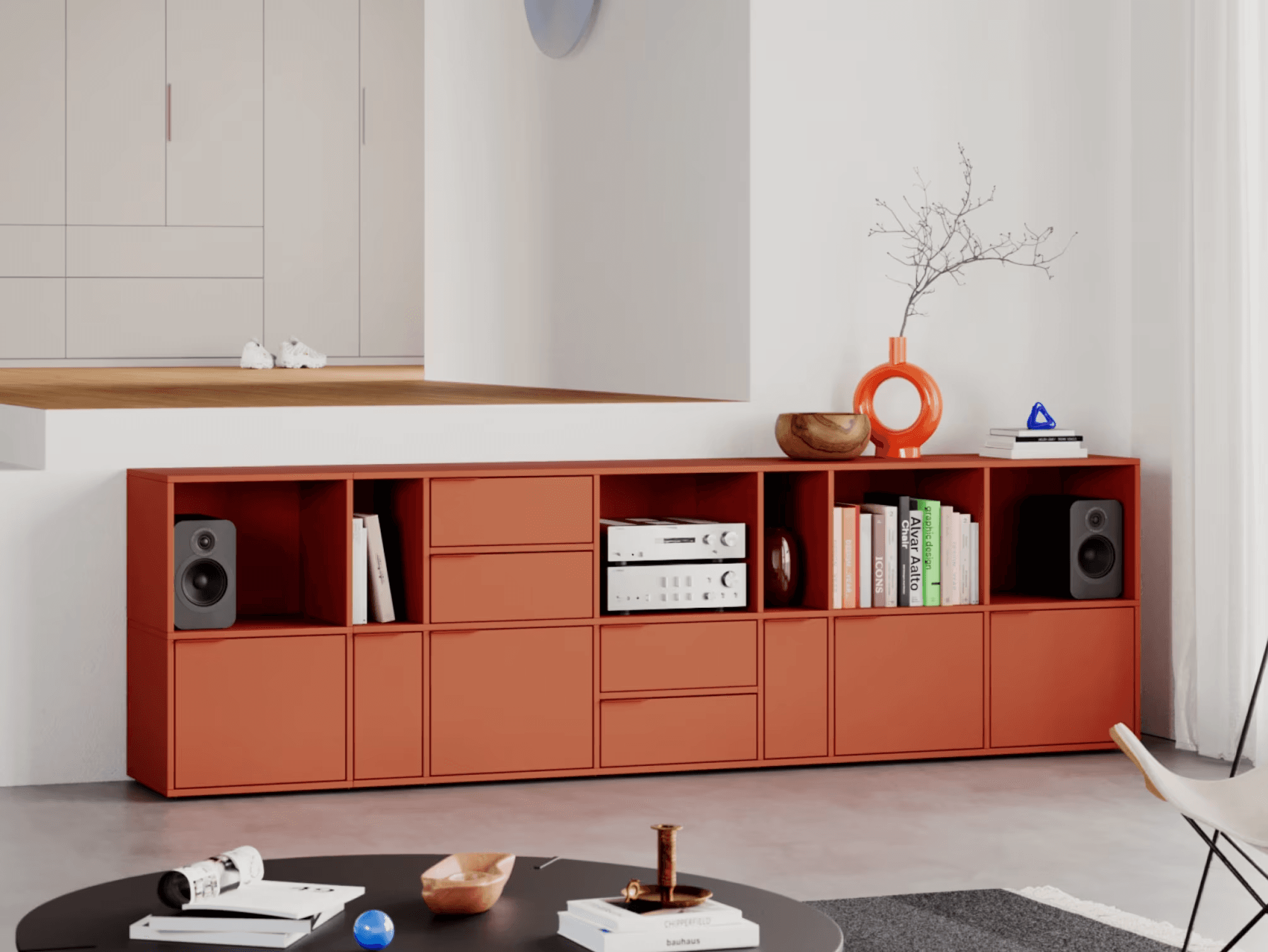 Red modular storage system with decor