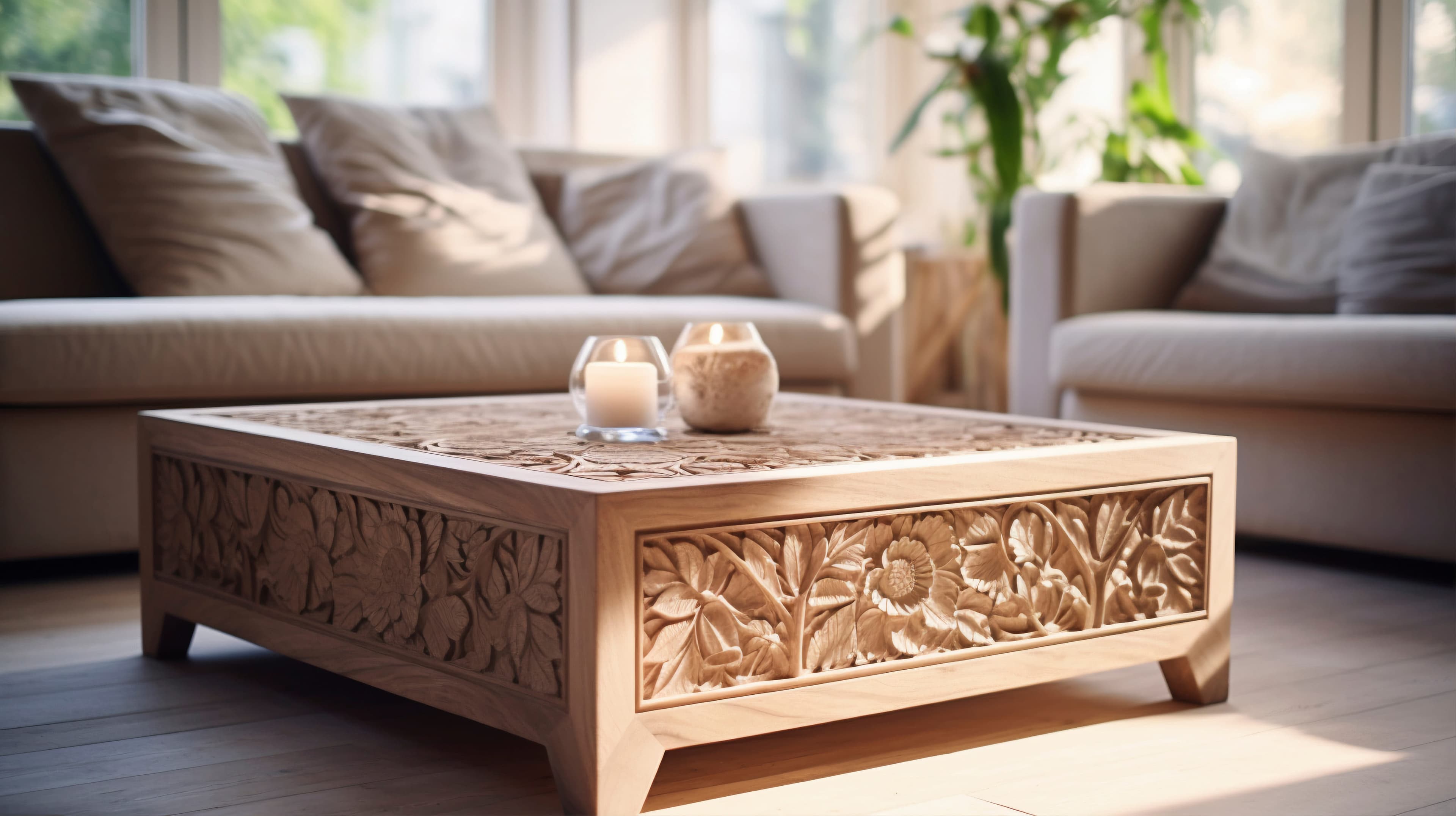 Natural wood coffee table with modern design